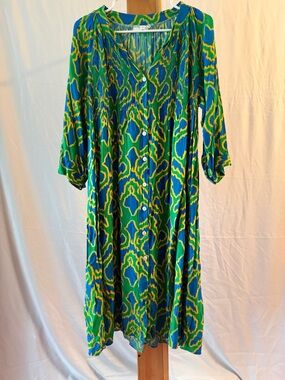 Vibrant Blue & Green Patterned Button-Front Dress